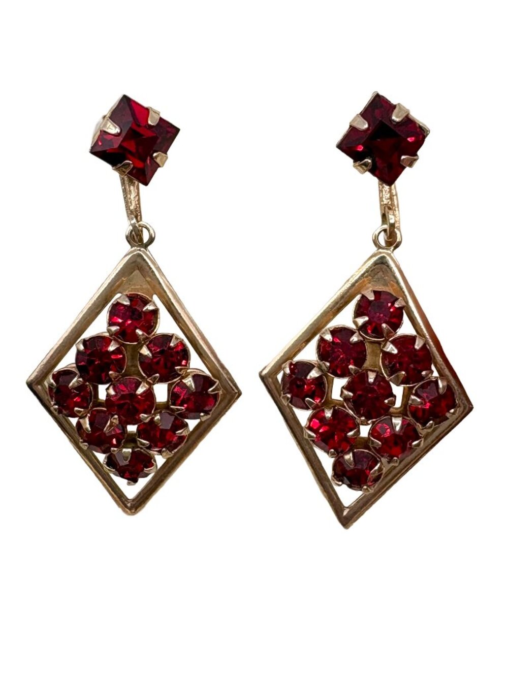 Vintage Red Glass Diamond Shaped Dangle Earrings